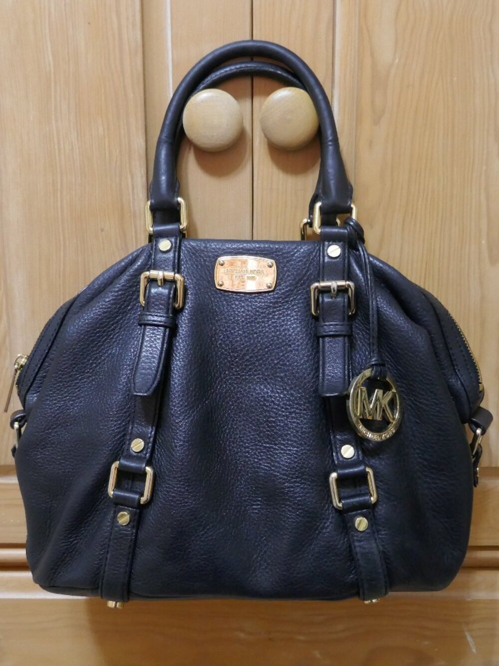 Michael Kors Black Pebbled Leather Double Handle HandBag Straps Buckles Charm